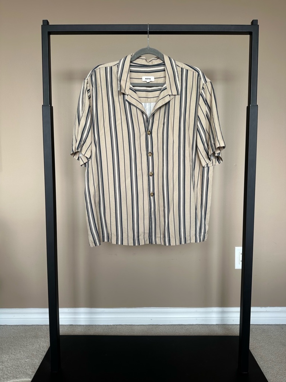 KOTN Beige Short-Sleeve Button-Up Shirt with Black Stripes